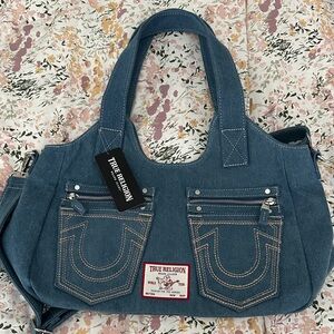 True Religion Denim Shoulder Tote in Dark Blue with Contrast Stitching